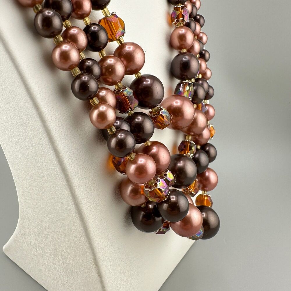 Vintage Japan Faux Pearl Necklace Multi Strand Topaz Root Beer Color AB Beads - Picture 2 of 16